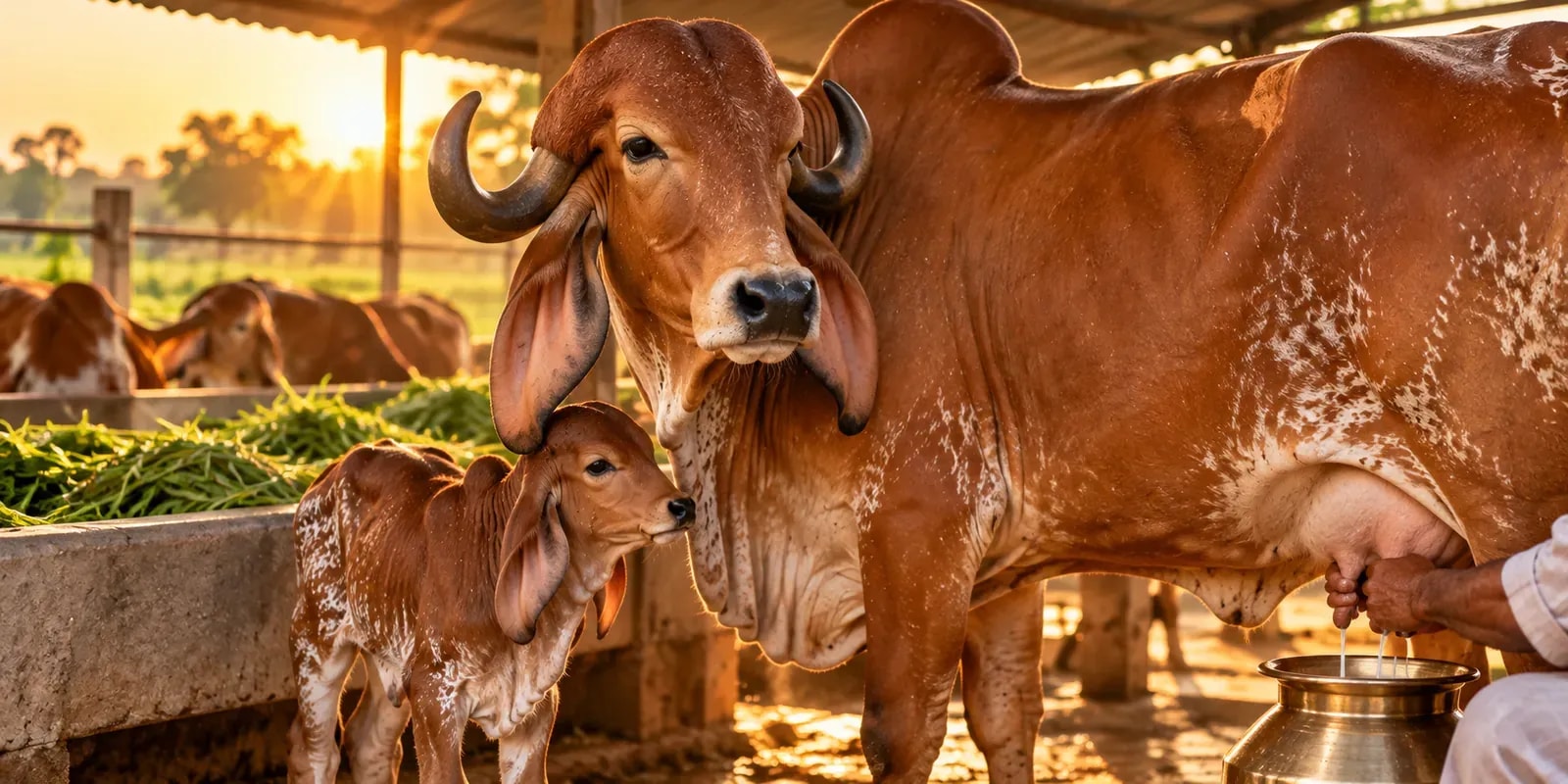 Gir cow with domed forehead and long folded ears beside her calf, being milked into a brass pot in a gaushala