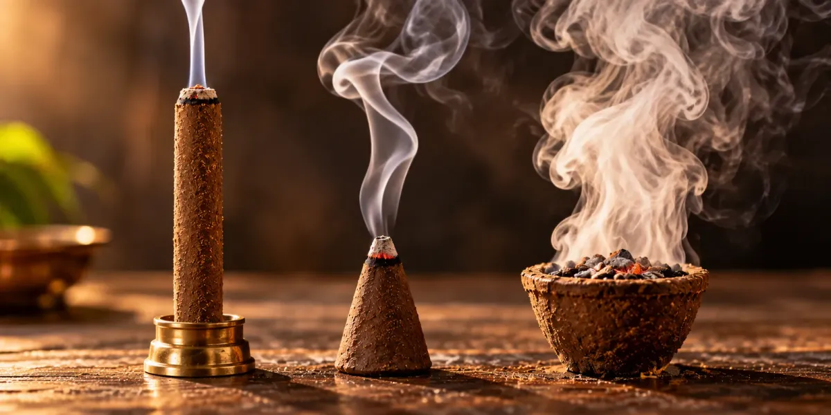 Solid cow dung dhoop stick, dhoop cone and havan cup side by side, giving light, medium and thick smoke